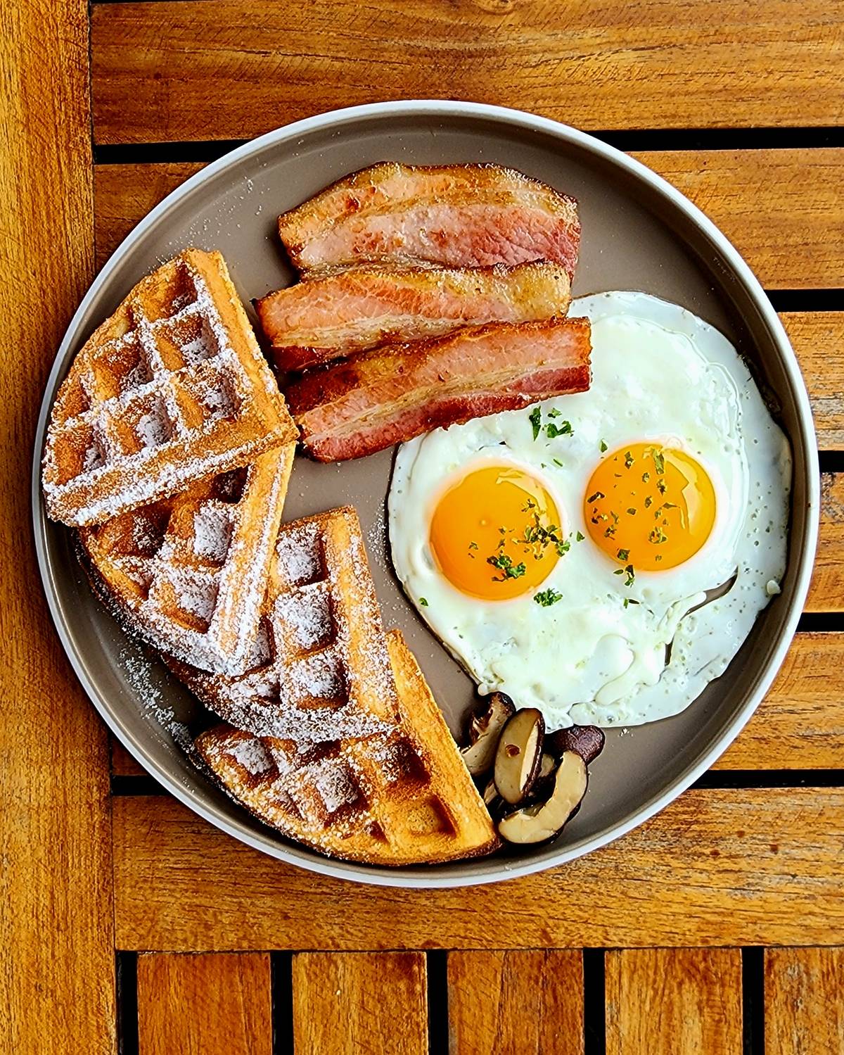 The bacon 
and waffles.